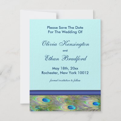 Royal navy blue teal blue peacock feather wedding invitations
