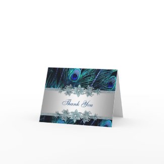 Royal Teal Blue Silver Peacock Thank You Cards