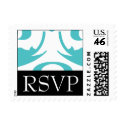 RSVP Aqua, Black, and White Damask Wedding Postage postage