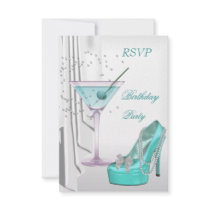RSVP Birthday Party White Teal Martini Pearl Shoe Custom Invite