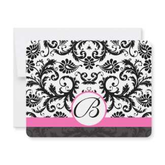 RSVP Cards-Black & White Damask Hot Pink Trim invitation