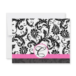 RSVP Cards-Black & White Damask Hot Pink Trim invitation