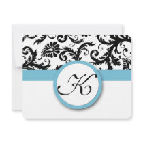 RSVP Cards-Black & White Damask Pool Blue Trim Invites