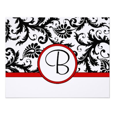 RSVP Cards-Black & White Damask Red Trim Invitations