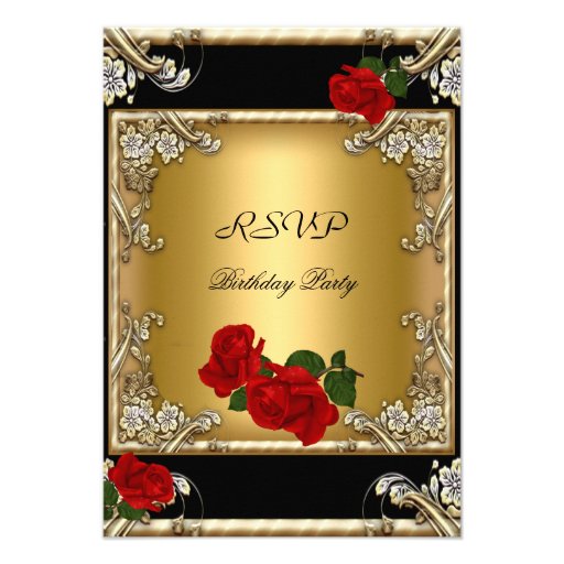 RSVP Elegant 50th Birthday Black Gold Red Rose Custom Announcement