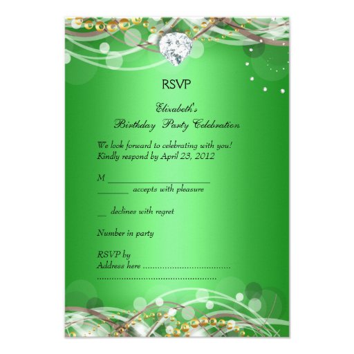 RSVP Elegant Lime Green Gold Diamond Jewel Party Custom Invitation