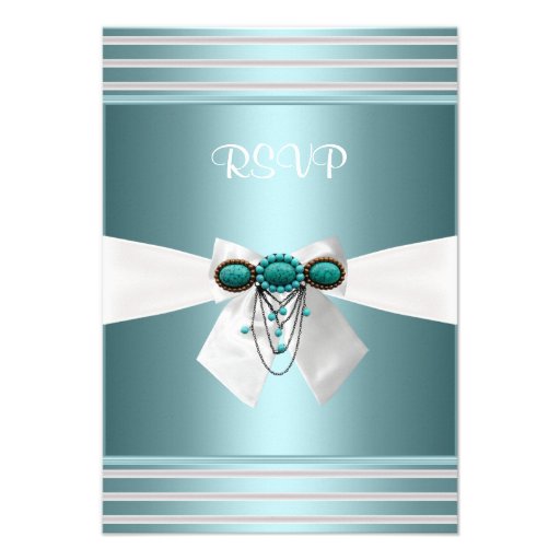 RSVP Elegant Teal Blue Stripe White Bow Jewel Custom Invite