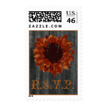 RSVP Fall Wedding - Orange Sunflower & Barnwood Postage Stamp