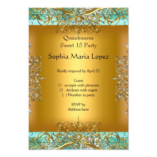 RSVP Quinceañera 15th Birthday Gold Teal Custom Announcement