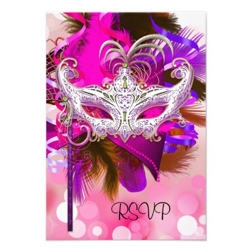 RSVP Reply Mask Black Purple Pink Mardi Gras Custom Announcement