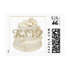 postcard - Wedding Cake RSVP stamps with a beautiful white wedding cake and gold text.  Perfect for the Engagement Party, Save the Date cards, or Wedding Invitations!  Customize with your own text if you wish.