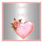 RSVP Wedding Salmon Pink Rose Floral Heart Silver Custom Invitation