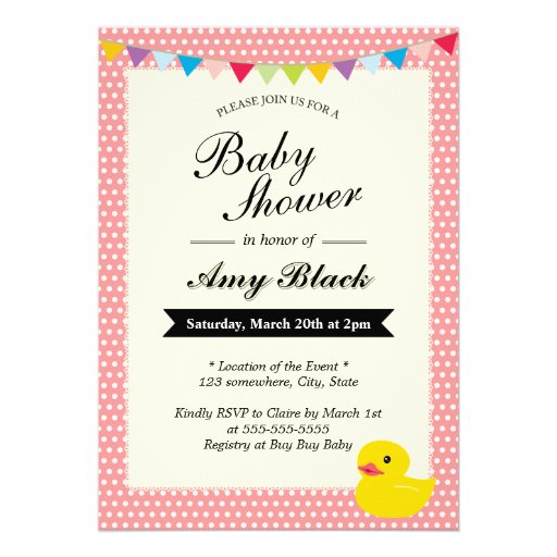 Rubber Duck Sweet Dots Pink Baby Shower Invitation (front side)