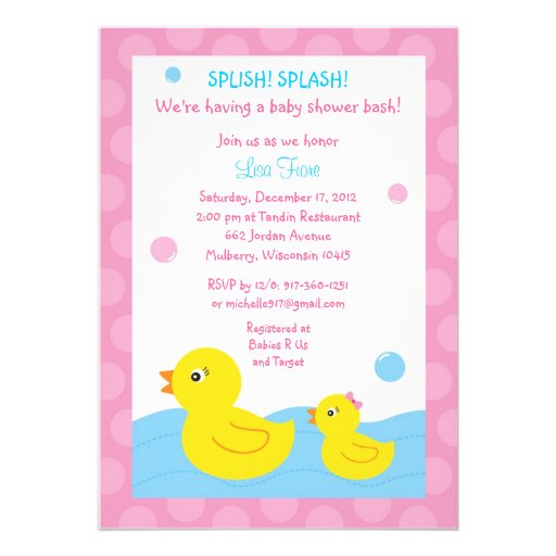 Rubber Ducky Duck Girl Baby Shower Invitations (front side)