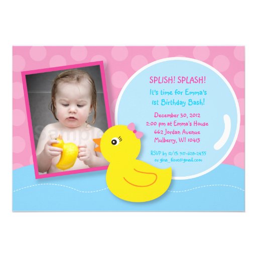 Rubber Ducky Duck Girl Photo Birthday Invitations (front side)