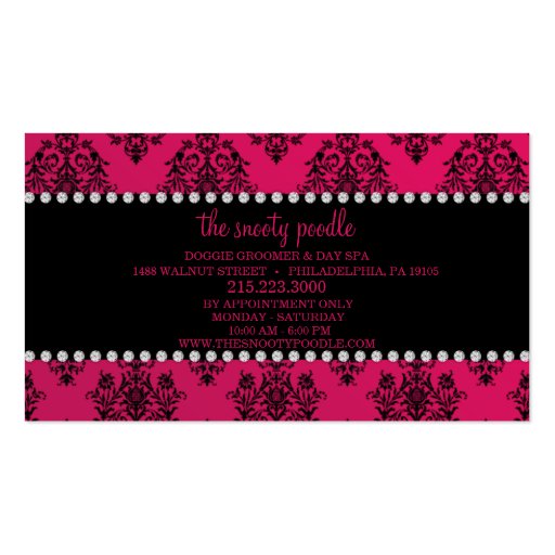 Rubelite Pink Jeweled Damask Dog Grooming/Spa Business Card (back side)