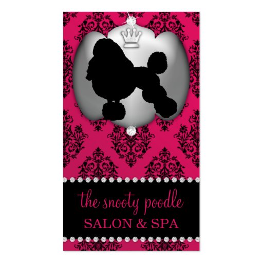 Rubelite Pink Jeweled Damask Dog Grooming/Spa Business Card (front side)