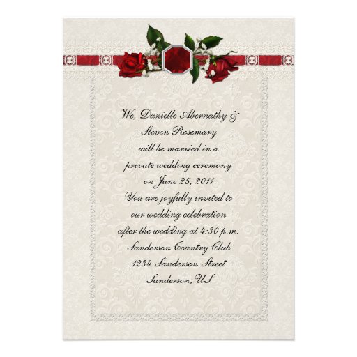 Ruby and Red Roses Ribbon Post Wedding Personalized Invites