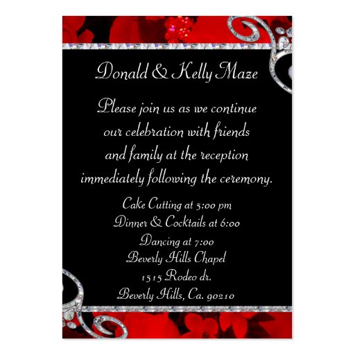 Ruby Red Roses & Diamond Swirls Wedding Business Card Templates (back side)