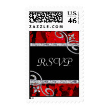 Ruby Red Roses & Diamond Swirls Wedding Stamps