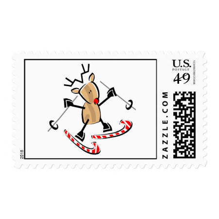 rudolph skiing on camdy canes stamp