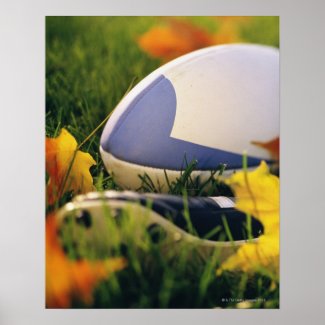 Rugby ball and shoe on lawn in autumn posters