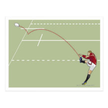 Rugby player kicking ball into touch, dotted post card