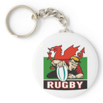 Rugby player scoring try wales flag key chains
