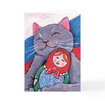 Russian Blue and Babushka Doll | Patriotic Cat Art Greeting Card