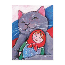 Russian Blue and Babushka Doll | Patriotic Cat Art Post Cards