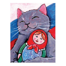 Russian Blue and Babushka Doll | Patriotic Cat Art Post Cards