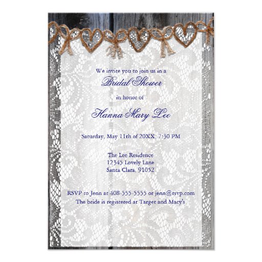 Rust Wood Lace Twine Bridal Shower Invitation
