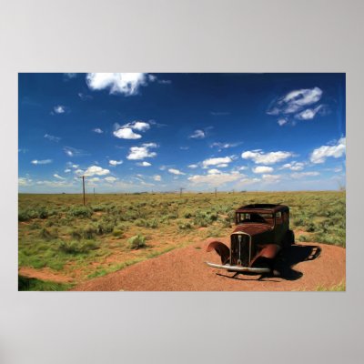 Rusted Car in Desert Painting Poster by Linny88