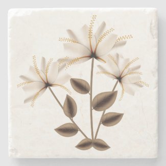 Rustic Abstract Ivory Brown Flower Green Leaves Stone Beverage Coaster