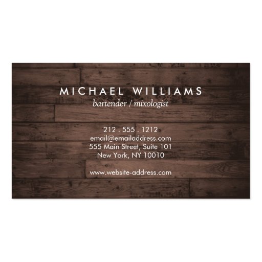 Rustic and Refined Men's Bow Tie Logo Brown Wood Business Card (back side)