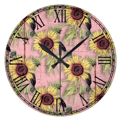 Rustic Autumn Sunflower Pattern Large Clock