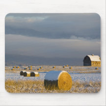 Rustic barn and hay bales after a fresh snow 3 mousepad