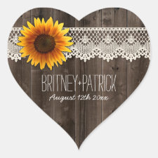 Rustic Barn Wood and Lace Sunflower Wedding Favors Heart Sticker