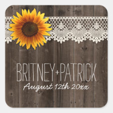 Rustic Barn Wood and Lace Sunflower Wedding Favors Square Sticker