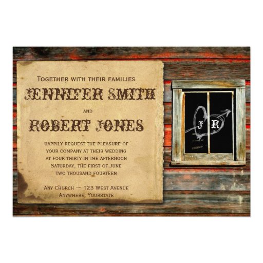 Rustic Barn Wood Graffiti Heart Window Wedding Invitations