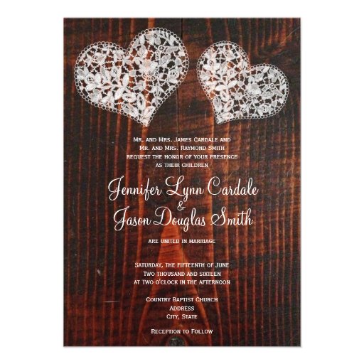 Rustic Barn Wood Lace Hearts Wedding Invitations