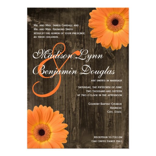 Rustic Barn Wood Orange Daisy Wedding Invitations