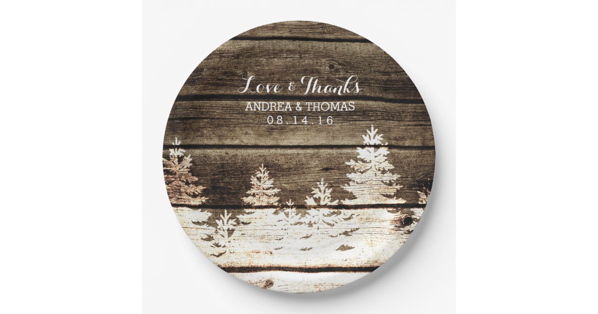 Rustic Barn Wood Pine Trees Winter Wedding Plates Zazzle