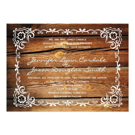 Rustic Barn Wood Scroll Frame Wedding Invitations