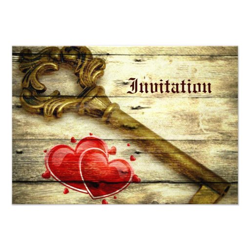 rustic barnwood hearts vintage key country wedding invitation