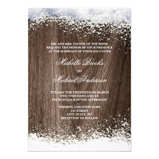 Rustic barnwood snow winter wedding custom invitations