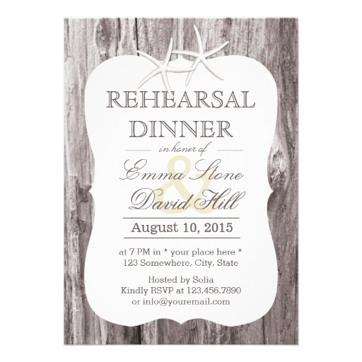 Rustic Beach Driftwood Starfish Rehearsal Dinner Announcement (front side)