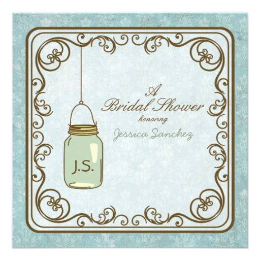 Rustic Blue and Brown Mason Jar Bridal Shower Personalized Invites