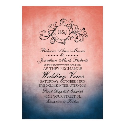 Rustic Blue and Pink Bohemian Wedding Invitation