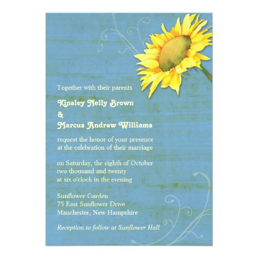 Rustic Blue Country Sunflower Wedding Invitations